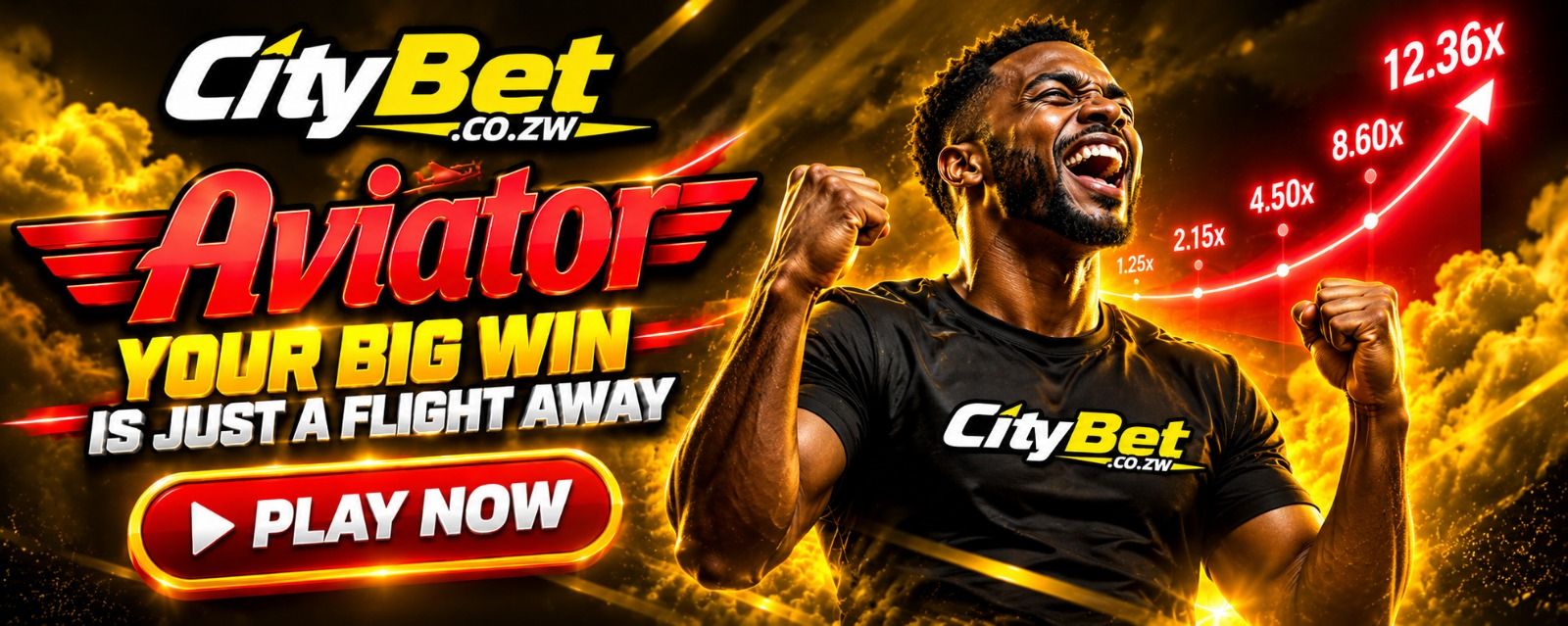 CityBet Aviator banner with Zimbabwean player and play now message