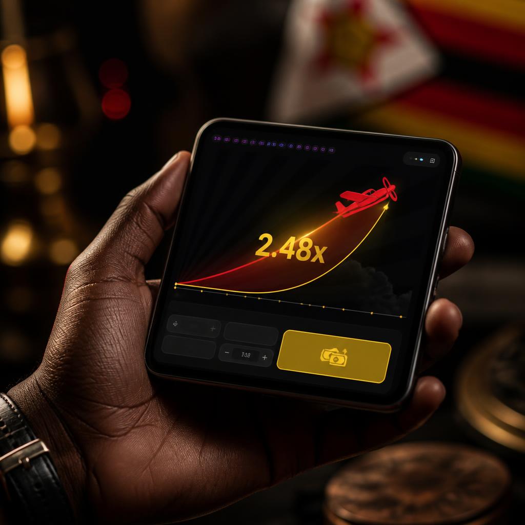 Smartphone showing the Aviator game with a plane and multiplier
